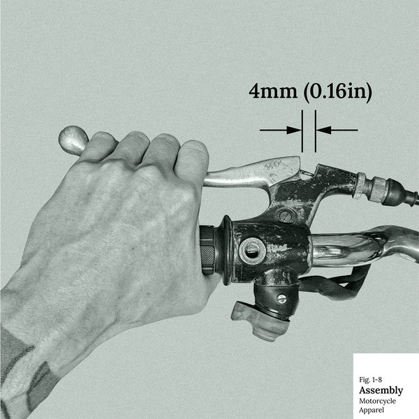 A close-up of the main design shows a photograph of a male hand squeezing a motorcycle clutch lever. The photograph also shows the correct measurement for clutch lever free play.