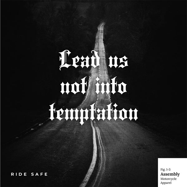 A close-up of the main design shows a photograph of an empty road with the text, lead us not into temptation.