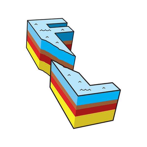 A close-up of the main design shows a graphic illustration of a geographical 3D strata diagram made up from the letters F and L.